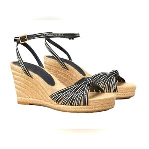 Tory Burch Graphic Ribbon Strappy Wedge Espadrilles Sandals Navy Tan 6.5